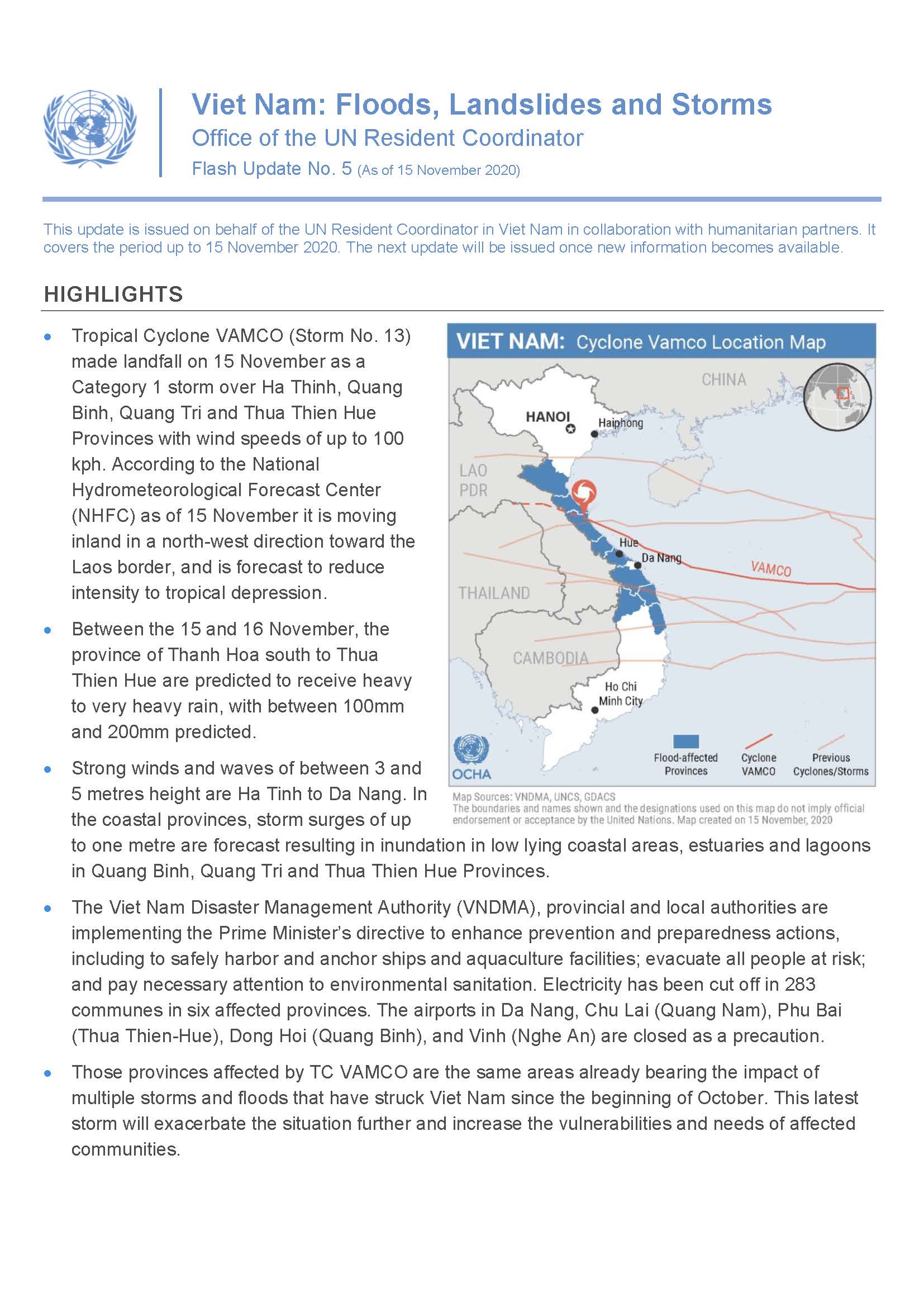Viet Nam: Floods, Landslides and Storms Flash Update No. 5 (As of 15 November 2020)